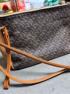 Jones New York Brown Monogram Crossbody with Tan Straps